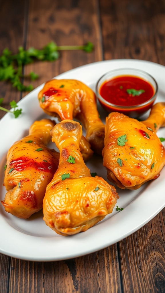 Spicy Baked Chicken Drumsticks Recipe Crispy baked chicken drumsticks on a plate with herbs and dipping sauce.
